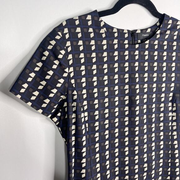 Theory 10 Black Blue Jatinn Geometric Plaid Tile Print Shift Dress Short Sleeve - Picture 3 of 11